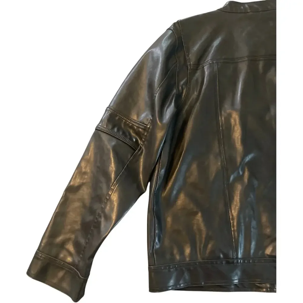 BKE Mens Vtg Quality Faux Leather DK Brown LS Moto Jacket Band Collar Zip XL